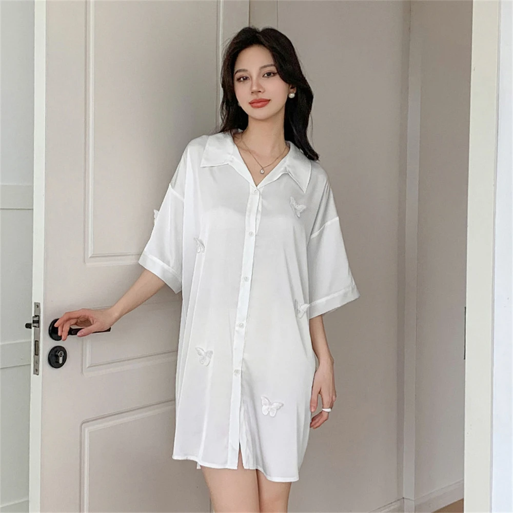 White Japanese Style Loose Sleepshirt Lingerie Women Short-sleeved Lapel Shirt Home Nightdress Ladies Summer Butterfly Nightgown