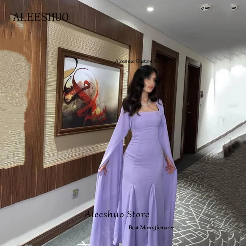 Aleeshuo Elegant Lady Lilac Mermaid Prom Dress Square Collar Long Sleeves Evening Dress Floor-Length Party Dress 2024