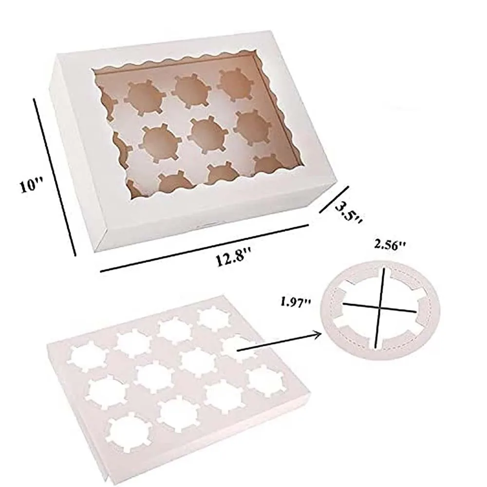 กล่องใส่คัพเค้กมาตรฐาน12ชิ้นที่ใส่คัพเค้กกล่องใส่ขนมอบที่มีหน้าต่างและส่วนแทรกสำหรับมัฟฟินและขนมอบ