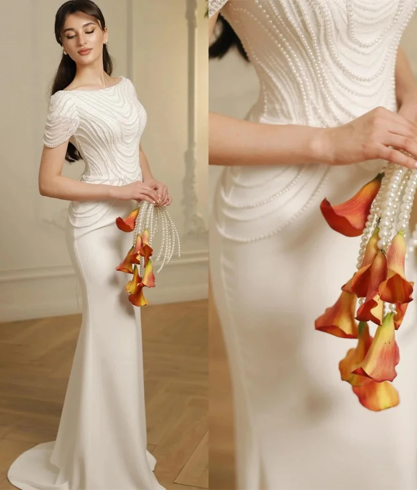 

Customized Luxury Jersey Mermaid Beading Pearls Evening Dress High Quality O-neck Short Sleeves Floor Length Celebrity Gowns