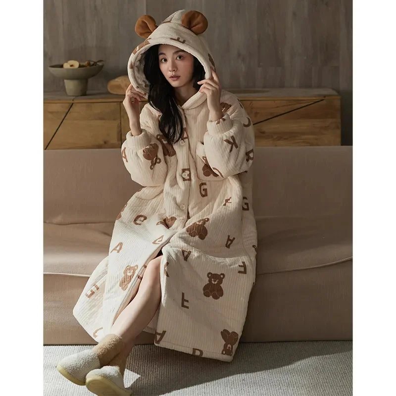 Coral Fleece Three-Layer Thick Cotton Pajama Women 2024 Winter New Item Can be Worn Externally With Fleece Medium Long Nightgown