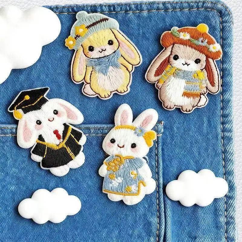 AHYONNIEX Different Rabbit Embroidery Sticker Patches for Clothes Small Glue Patch for Kids Clothes Designer
