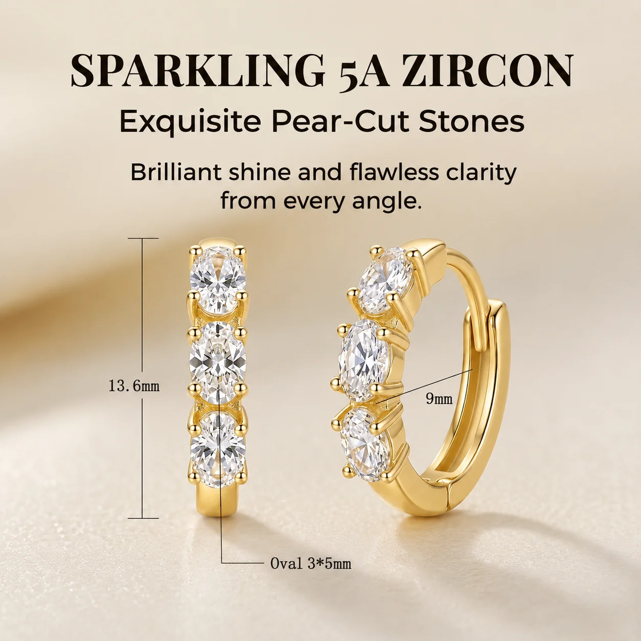 Moonmory Einfache Luxus Umweltfreundliche Messing Dreifach-Birnen-Huggie-Creolen für Damen 18K Vergoldete Ohrringe 5A Zirkon – Detail 3