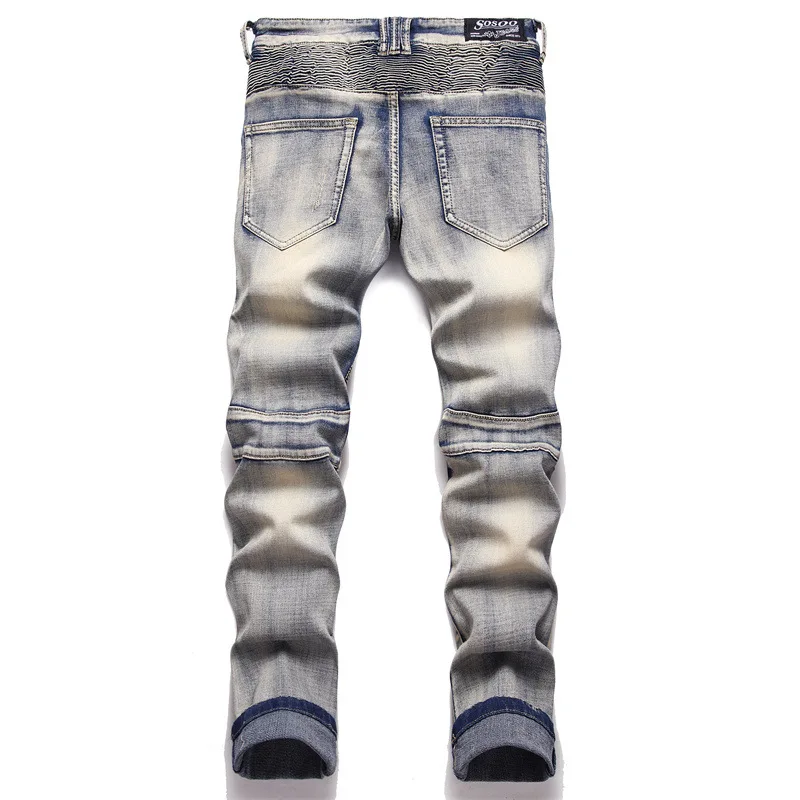 Pleated Vintage Motorcycle Jeans Men's Scratch Stitching Zipper Pocket Fashion Trendy Street Washed Distressed Trousers