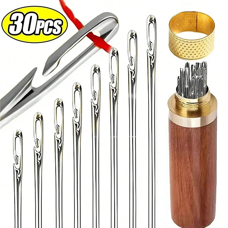 25 Pcs Self-Threading Sewing Needles for Elderly & Blind, Stainless Steel Quick Automatic Needle Threader, DIY Stitching & Punch