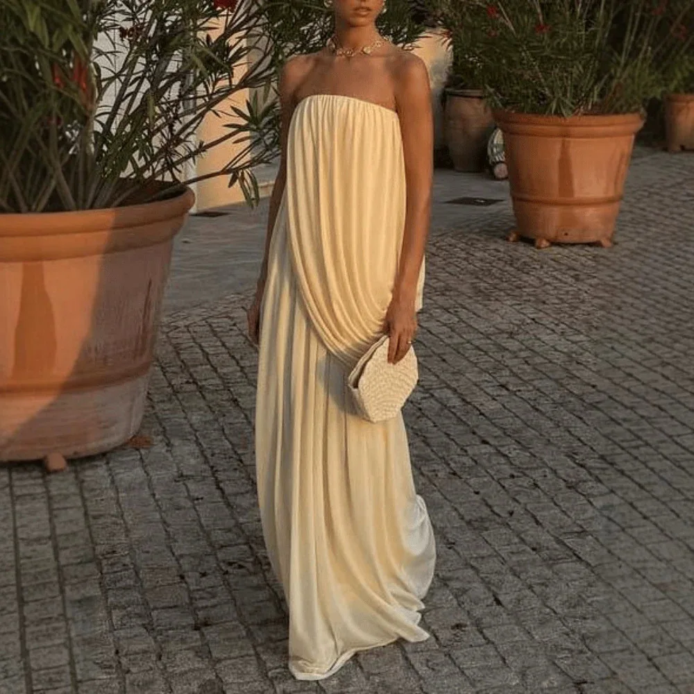 

2026 Womens Strapless Pleated Ruched Loose Maxi Dress Sleeveless Backless Summer Beach Party Vacation Casual Long Flowy Outfit