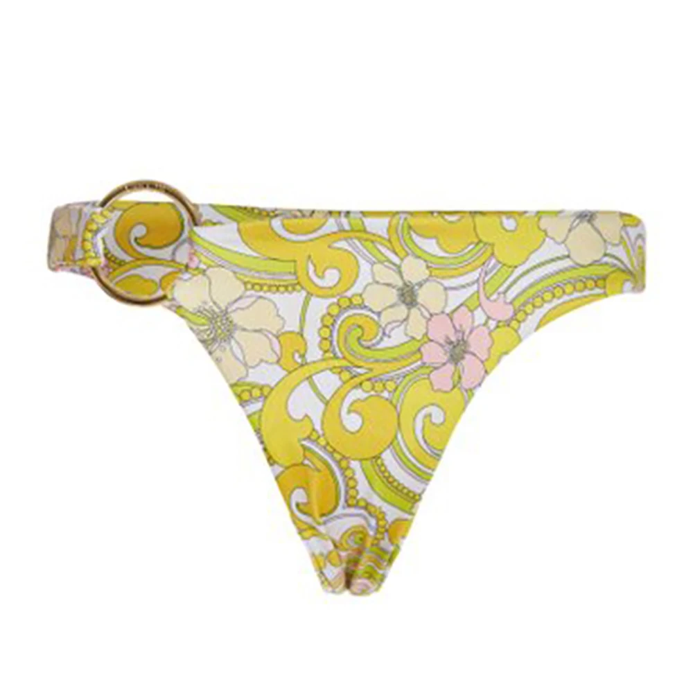 Bañador de retazos con estampado amarillo para mujer, traje de baño de tres piezas de cintura alta, corte ajustado con correa, Bikini Sexy de moda,