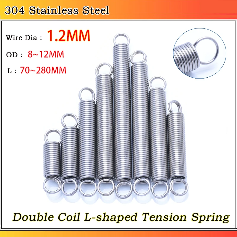 

304 Stainless Steel O Ring Hook Extension Spring Tension Spring Double Coil L-shaped Spring Wire Dia 1.2MM OD 8~12MM L: 30~280MM