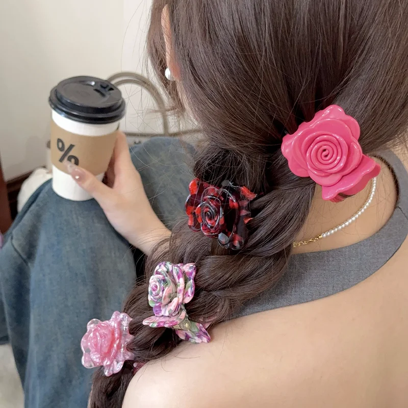 Colorful Rose Flower Hair Claw Clip Fairy Medium Hairpin Crab Hair Clip for Woman Girls Summer Princess Floral Hair Accessories