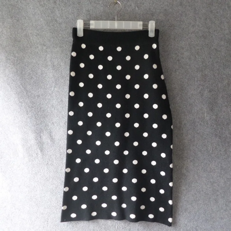 

Весенне-осенняя черно-белая облегающая трикотажная юбка-миди в горошек, женская одношаговая юбка Faion f Юбка Quali Cow Goods