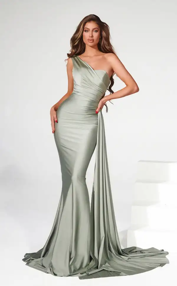 Customized Classic Charmeuse Pleat Draped Trumpet One-shoulder Long Dresses Bespoke Occasion Dresses Exquisite Sizes Available