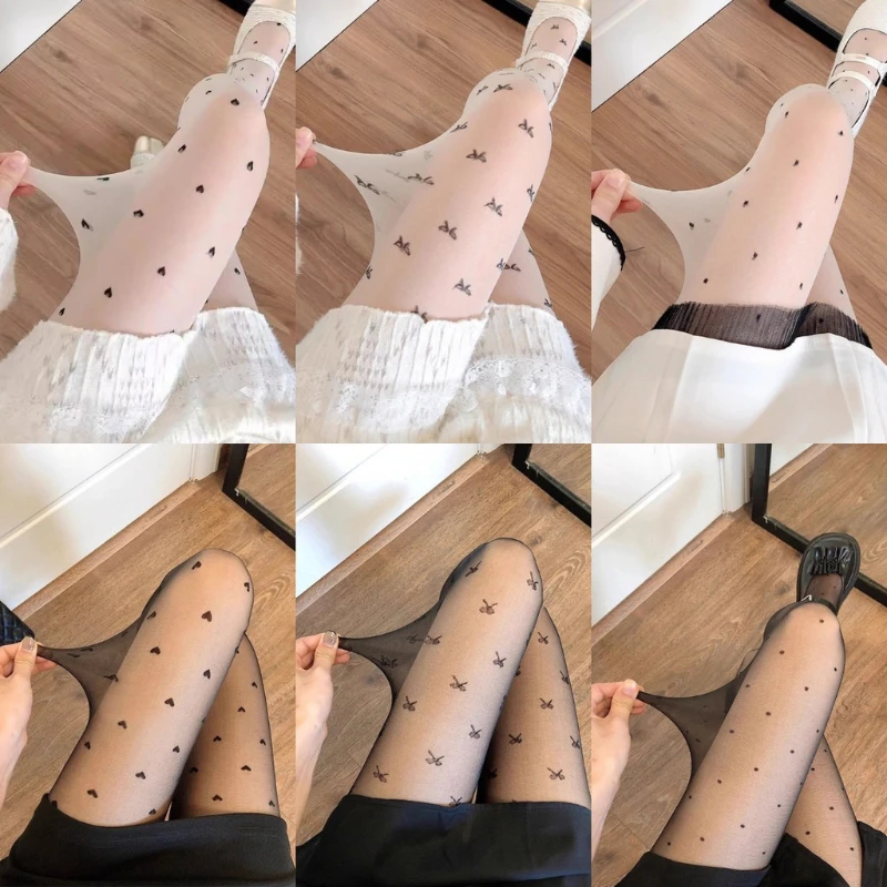 Heart Print Women's Sexy Slim-fit Pantyhose Japanese Style Sweet Girls High Waist Body Stockings Polka Dots Bowknot JK Tights