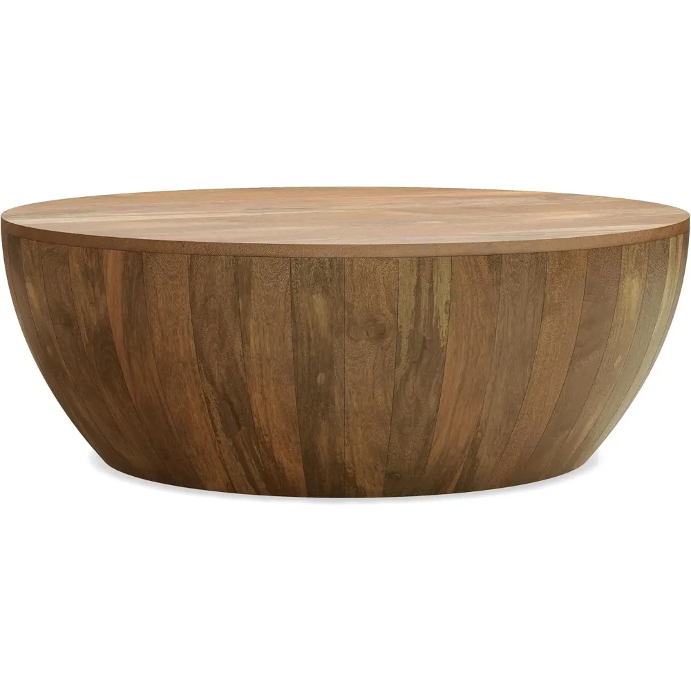 

Elmbrook Solid Mango Wood Modern Industrial 34 Inch Wide Drum Coffee Table in Natural, Fully Assembled, for The Livin