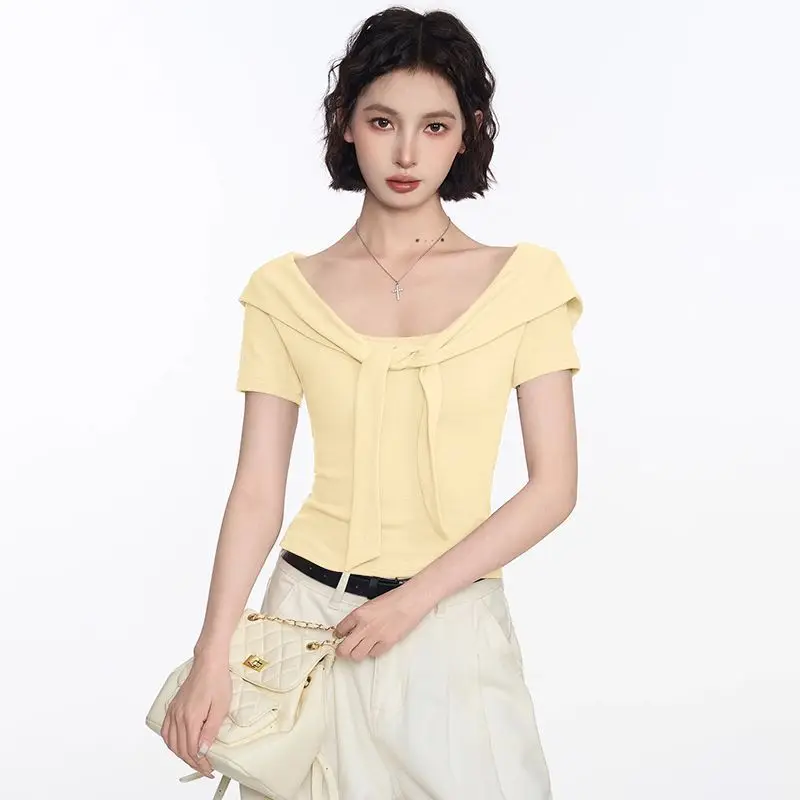 French Strap Fake Two Short Sleeved T-Shirt for Women In Summer Chubby Mm Sweet and Cute Stylish Clothes for Women