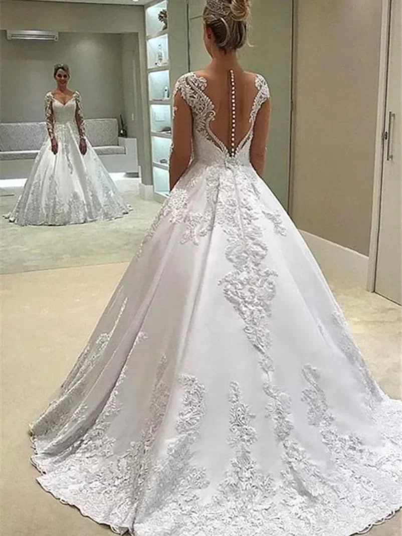 Flavinke personalizado retro sem costas manga comprida renda decalque a linha vestidos de casamento 2025 decalque de cetim com vestidos de casamento de trilha
