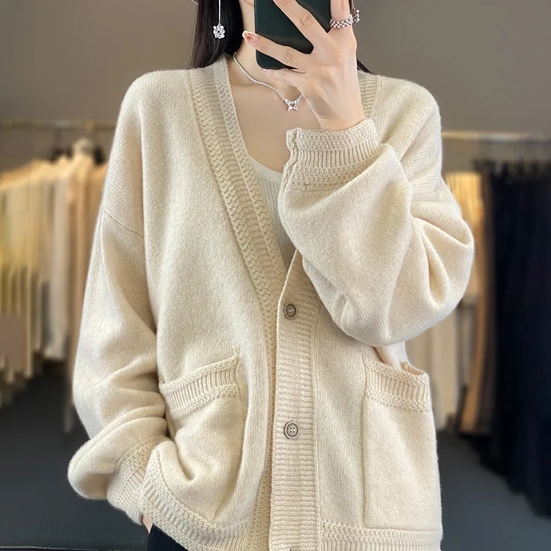 DjzDsm Autumn And Winter New 100% Cashmere High Quality Thick Warm Cardigan Lazy Knit Solid Color Long Sleeve Sweater Coat