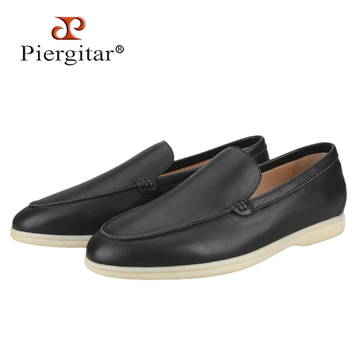 Piergitar Black Soft Leather Stride Loafers With Rubber Soles Handcrafted Classic Men's Casual Shoes For Daily Or Formal Attire