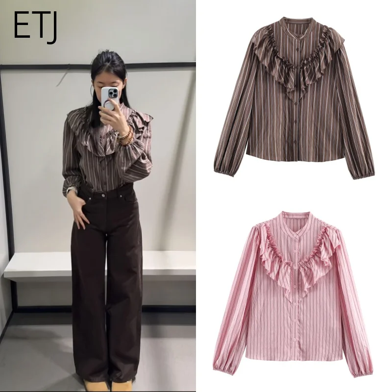 

ETJ 2026 Весенняя женская коллекция - Модная рубашка с высоким воротником, многослойная, декорированная, в полоску, с длинными рукавами - Повседневная рубашка