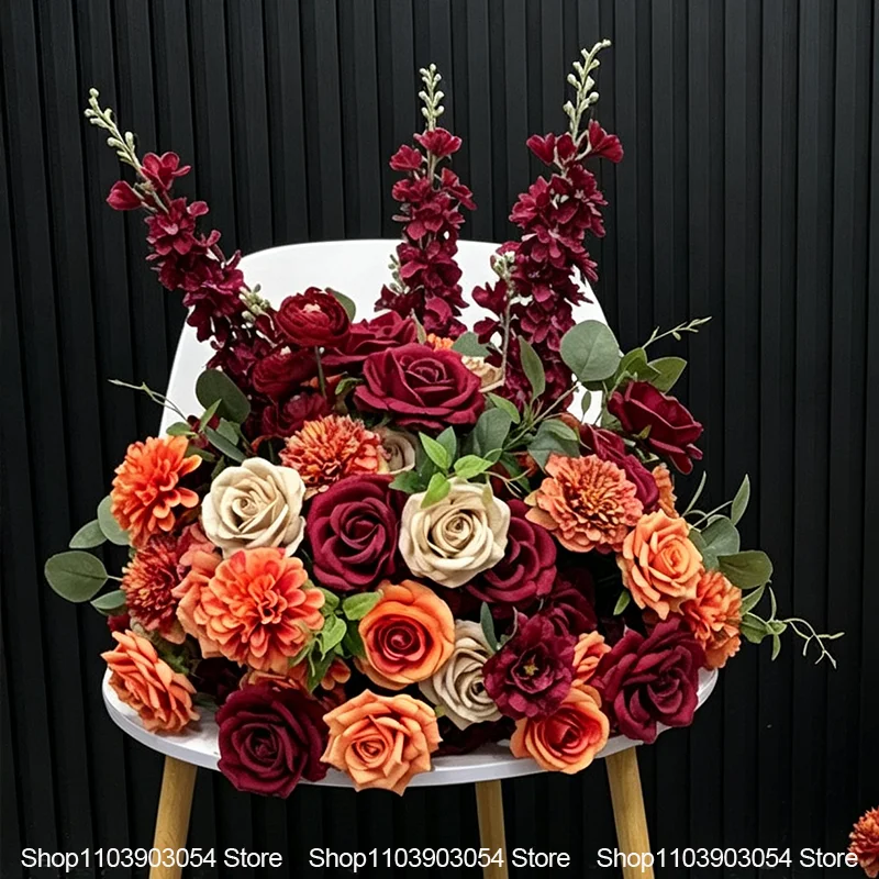 Burgunderrot-Orangefarbenes Künstliches Blumenarrangement Hochzeitstisch-Mittelstück Rose Delphinium Blumenbodenstrauß Party Zeremonie Dekoration – Detail 4