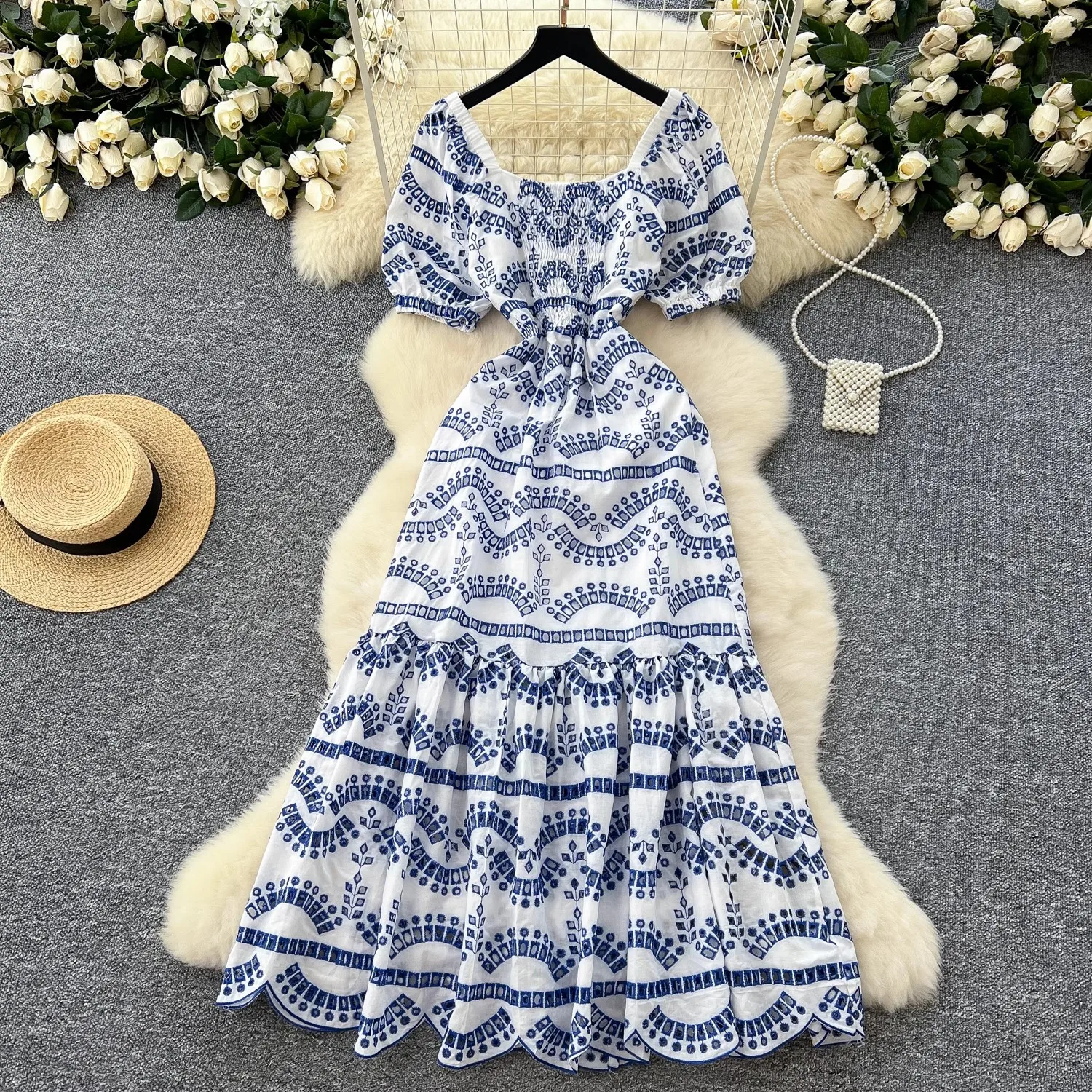 Summer Holiday Hollow Out Embroidery Mermaid Dress Women Sexy Square Collar Stretch Back Cotton Ruffles Long Beach Vestidos