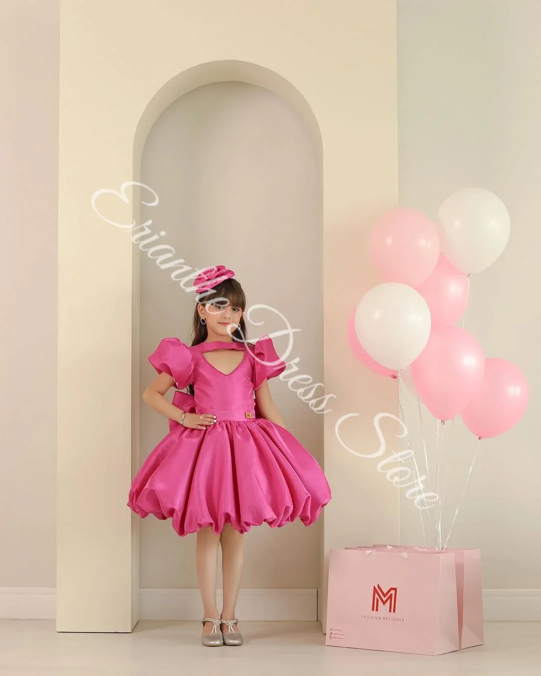 Rose Red Satin Flower Girl Dress for Wedding Short Sleeve with Bow Kids Birthday Party First Communion Ball Gowns Customized