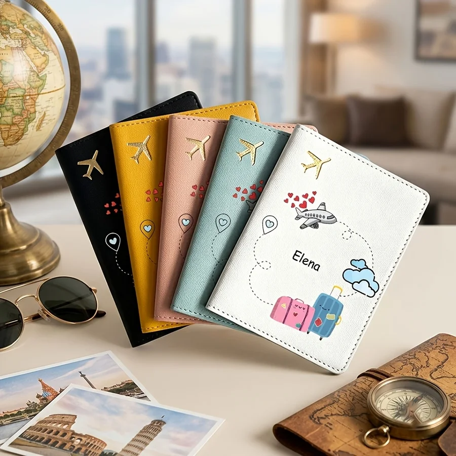 A Cute Cartoon Travel-themed Passport Holder with Customizable Text and Name, Featuring Adorable Illustrations. Lightweight