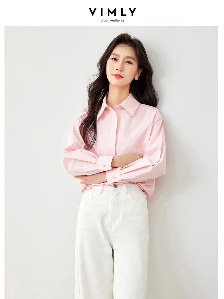 Vimly Pink Cotton 100% Women's Shirt 2024 Spring England Style Casual Loose Side Split Long Sleeve Top Female Clothing M5251