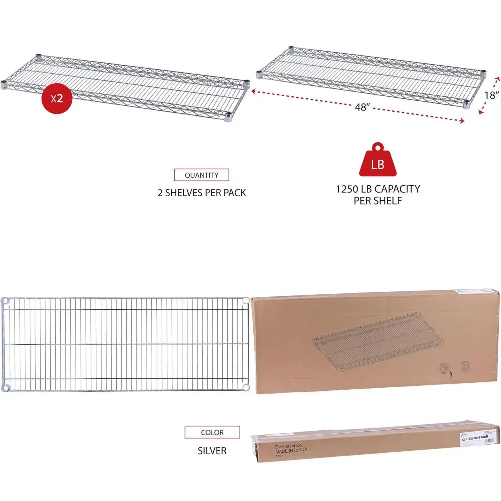 

Промышленные проволочные стеллажи, ширина 48 дюймов, глубина 18 дюймов, серебристые, комплект из 2 полок