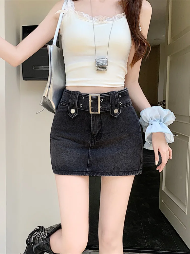 Jupe trapèze taille haute avec ceinture pour femmes, jupes en Denim, amincissante, Sexy, ceinture de taille Bla, Anti-lumière, marche, été
