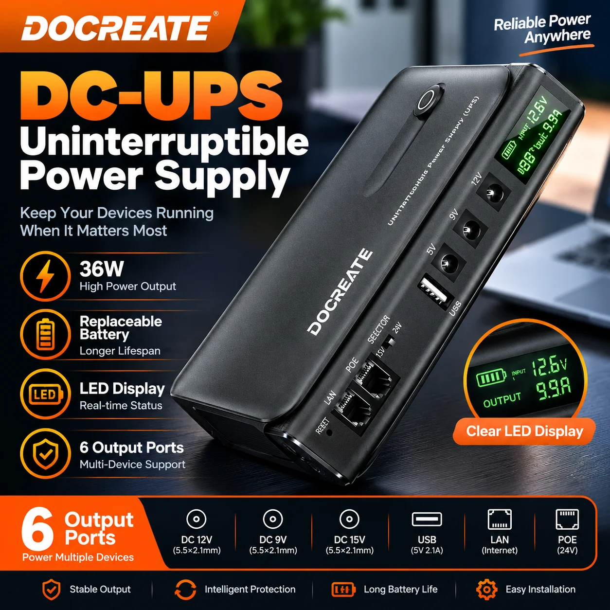 Docreate-813 36W DC UPS Uninterruptible Power Supply 5V 9V 12V 24V Backup Battery 18650 Replaceable for Router Modem NAS