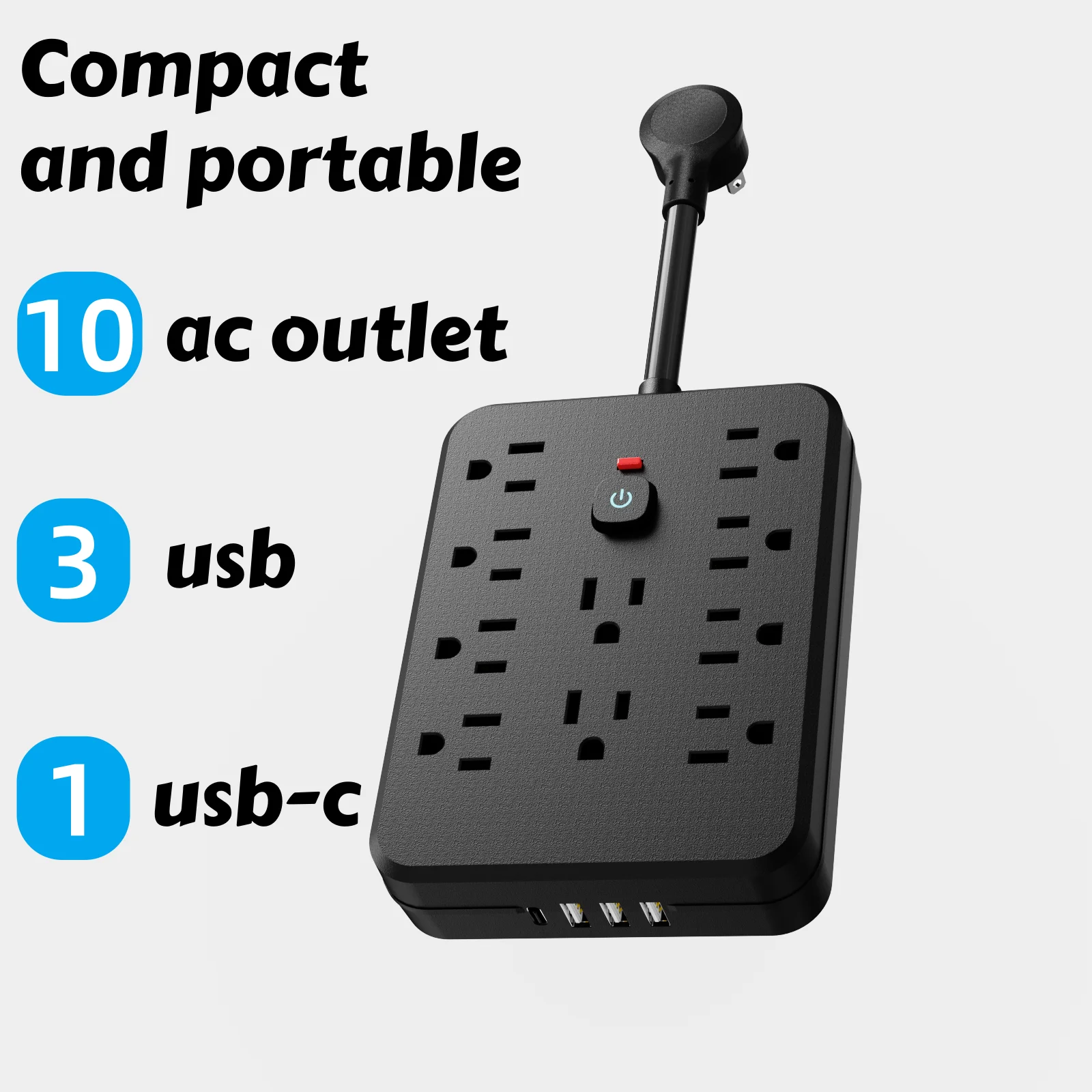 

Розетки 10AC с проводом из тканого материала длиной 5 футов, 3 USB, 1 портами быстрой зарядки USB-C. Устройство защиты от перенапряжения удлинителя обеспечивает перегрузки.