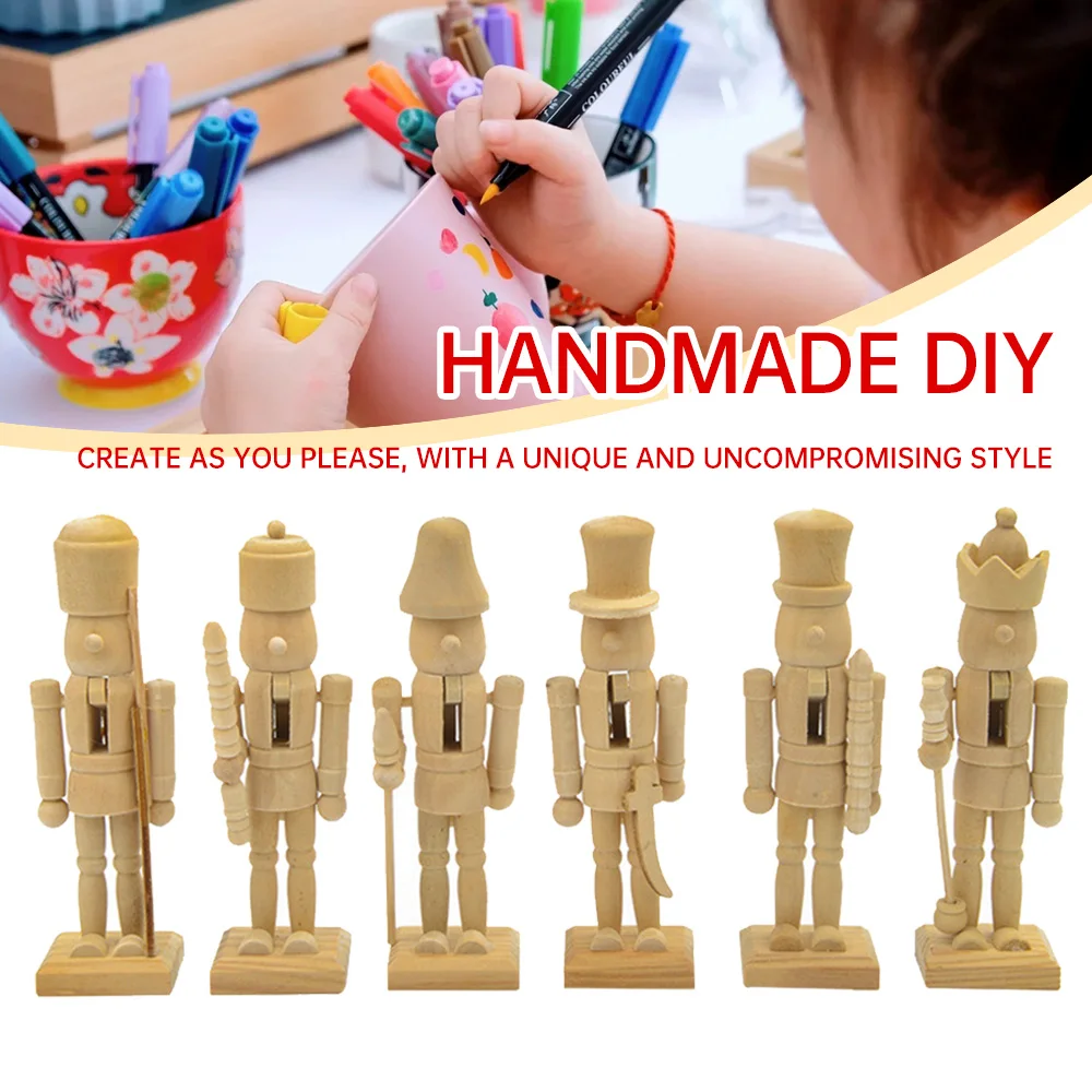 6Pcs Handcraft DIY Nutcracker Soldier Puppet Blank Wooden Embryo Christmas Ornaments Xmas Tree Pendant Gift Doll Home Decoration