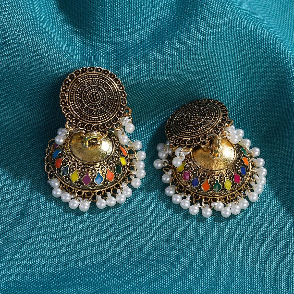 Ethnic Gold Color Jhumka Gypsy Jewelry Vintage Round Carved Oxidized Earrings Big Lantern Pearl Tassel Earrings for Women