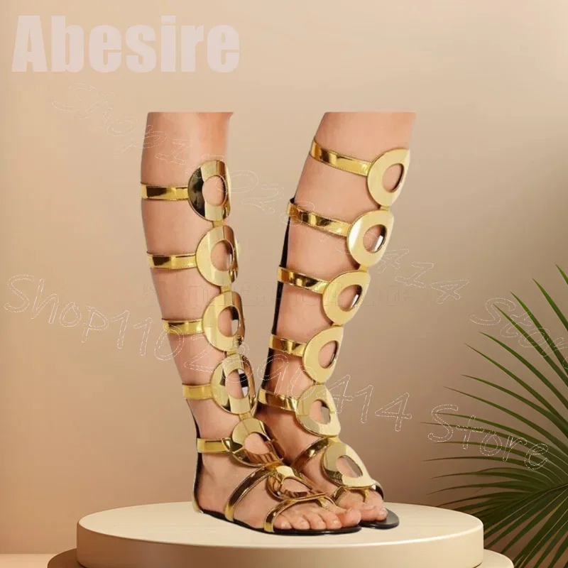 

Gold Circle Hollow Design Open Toe Sandals Boots Back Zipper Women Shoes Low Top Fashion Party Banquet 2025 Zapatos Para Mujere