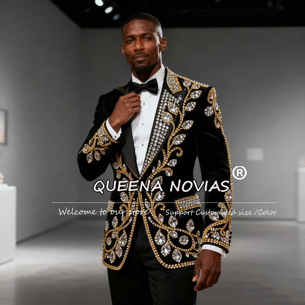 

Роскошные мужские костюмы с бриллиантами и бисером на свадьбу, комплекты из 2 предметов, однобортные бархатные пиджаки для выпускного вечера, индивидуальные смокинги для жениха, наряды