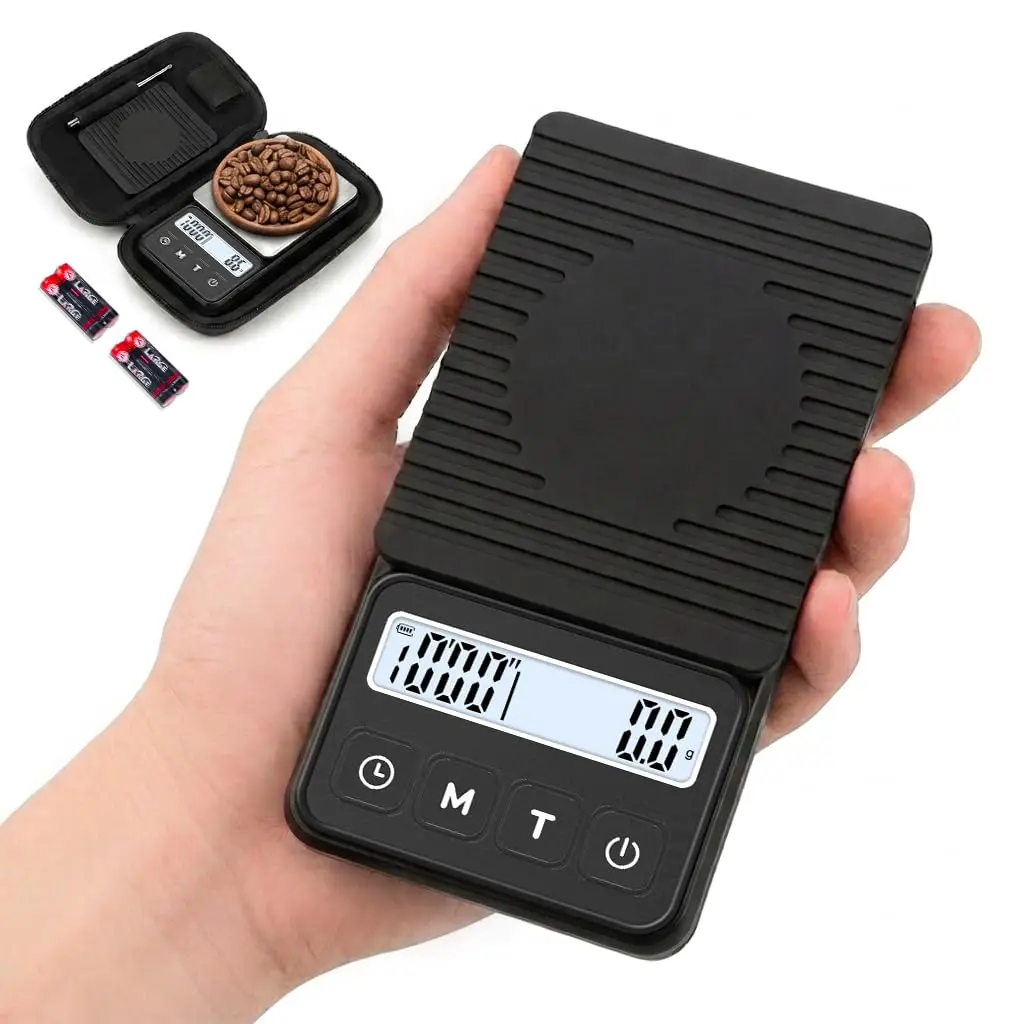 Mini Coffee Scale with Timer, 1kg/0.1g High Accuracy Espresso Scale, IP68 Waterproof Digital Pocket Scale, 3 Auto Timer Modes, LCD Display, g/oz/ml, Travel Case
