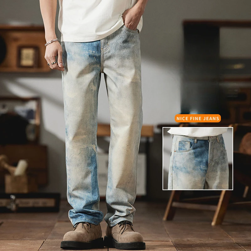 Our Legacy High Street Blue Printed Jeans for Men Male Washed Loose Pants Y2k Clothes Casual Denim Pants