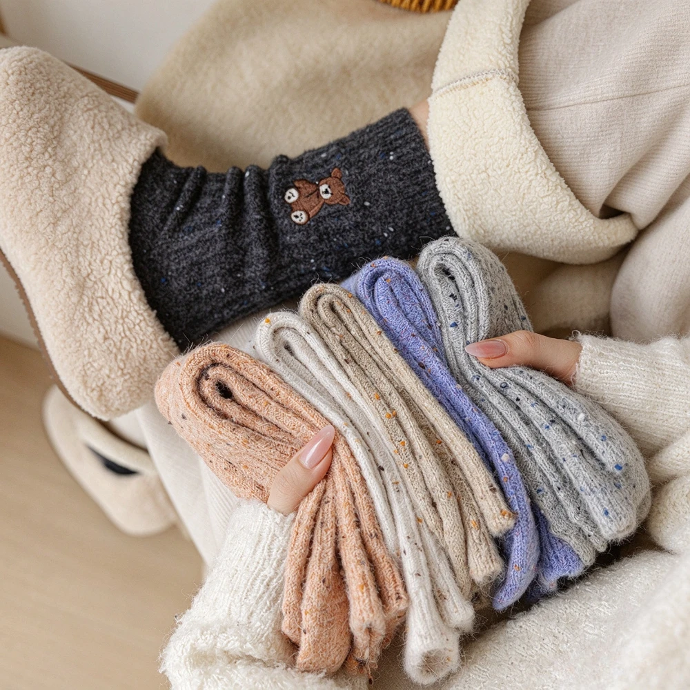 Bear Embroidery Japanese Kawaii Cartoon Cute Socks Women 2026 New Cashmere Wool Socks Autumn and Winter Warm Medium Tube Socks