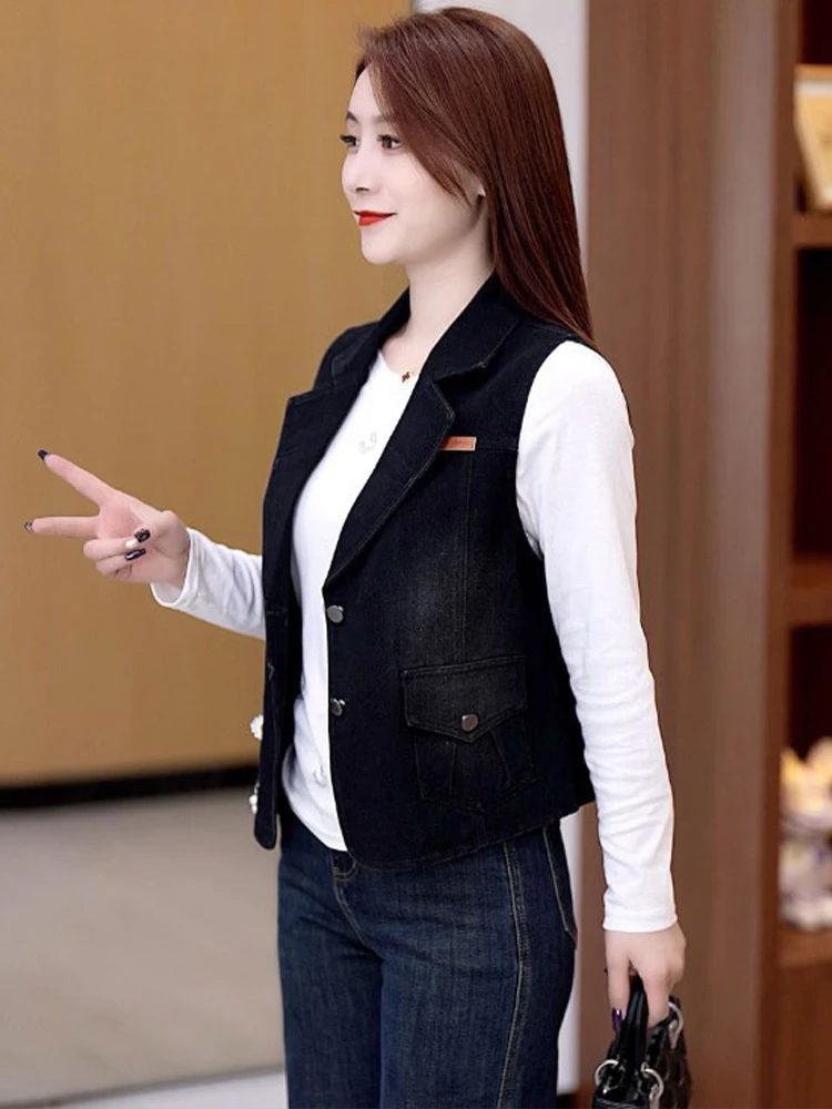 Lässige Jeansweste für Damen, Modisch Vielseitig Koreanischer Stil, Locker Geschnitten, Herbst Neuheit, Kleine Größe, Schulterpolster-Top