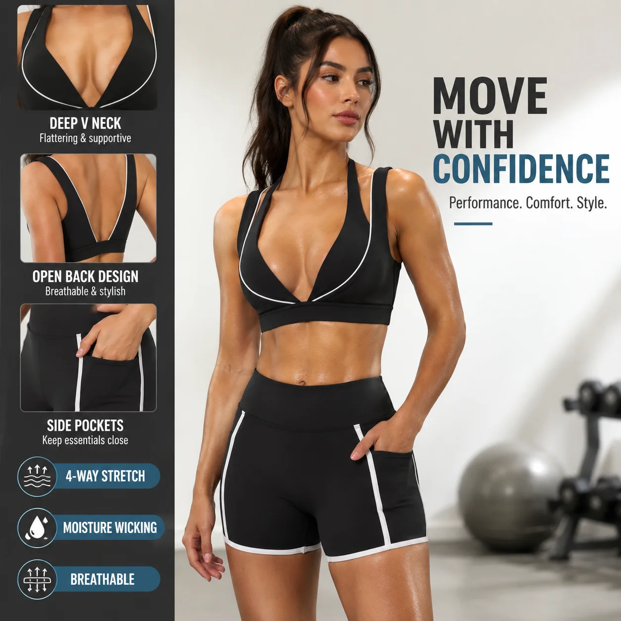 Women's 2-Piece Sports Set: Deep V Halter Sports Bra & High Waist Shorts with Pockets, White Contrast Trim