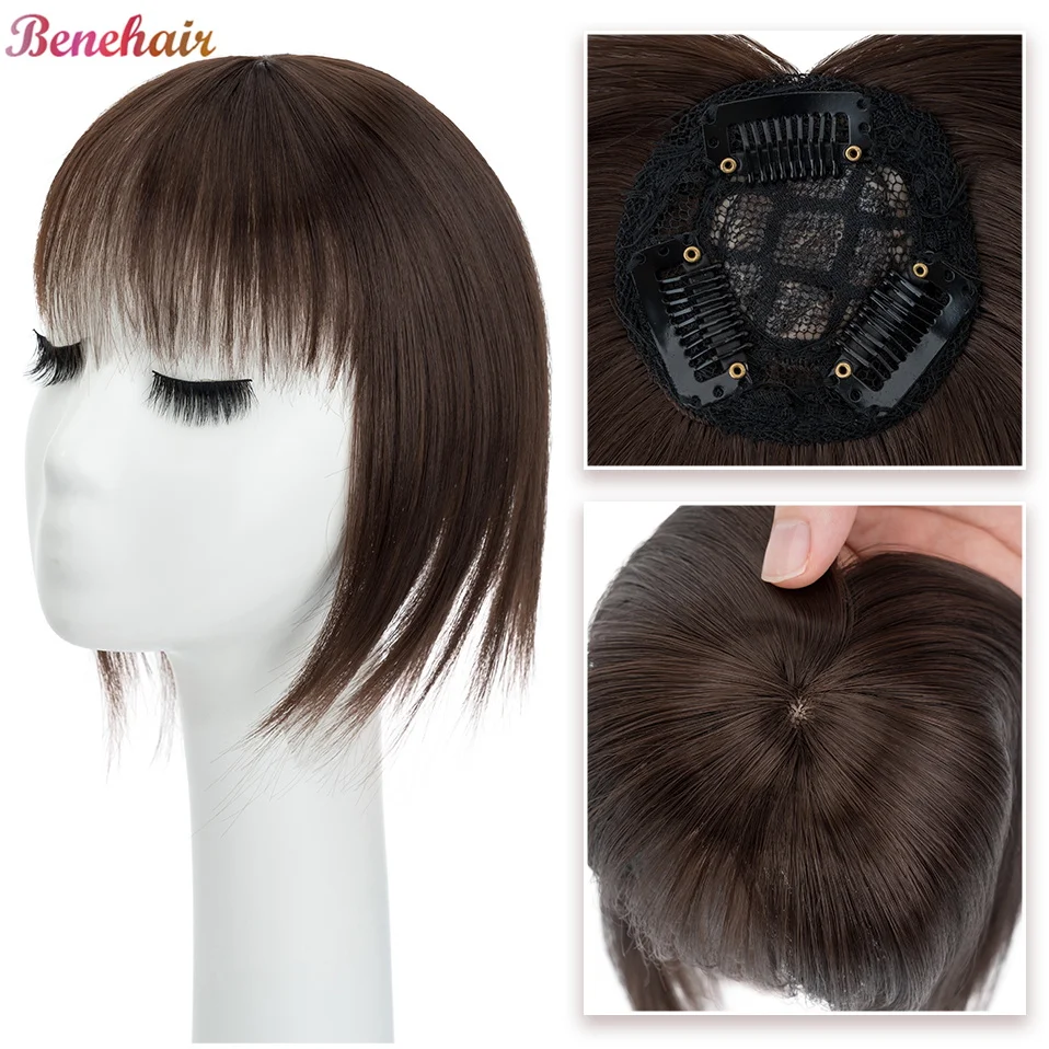 

Benehair Synthetic Short Straight Hair Topper With Bangs Invisible 3D Hair Toupee For Women Hair Pieces Clip In Hair Extensions