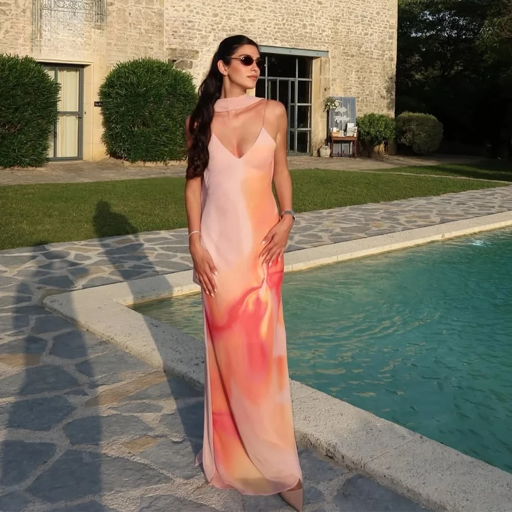 

2025 Spring Summer Elegant Women Scarf Collar Dresses Fashion Sexy Print Slim Sleeveless Cami Chic Ladies Long Dresses