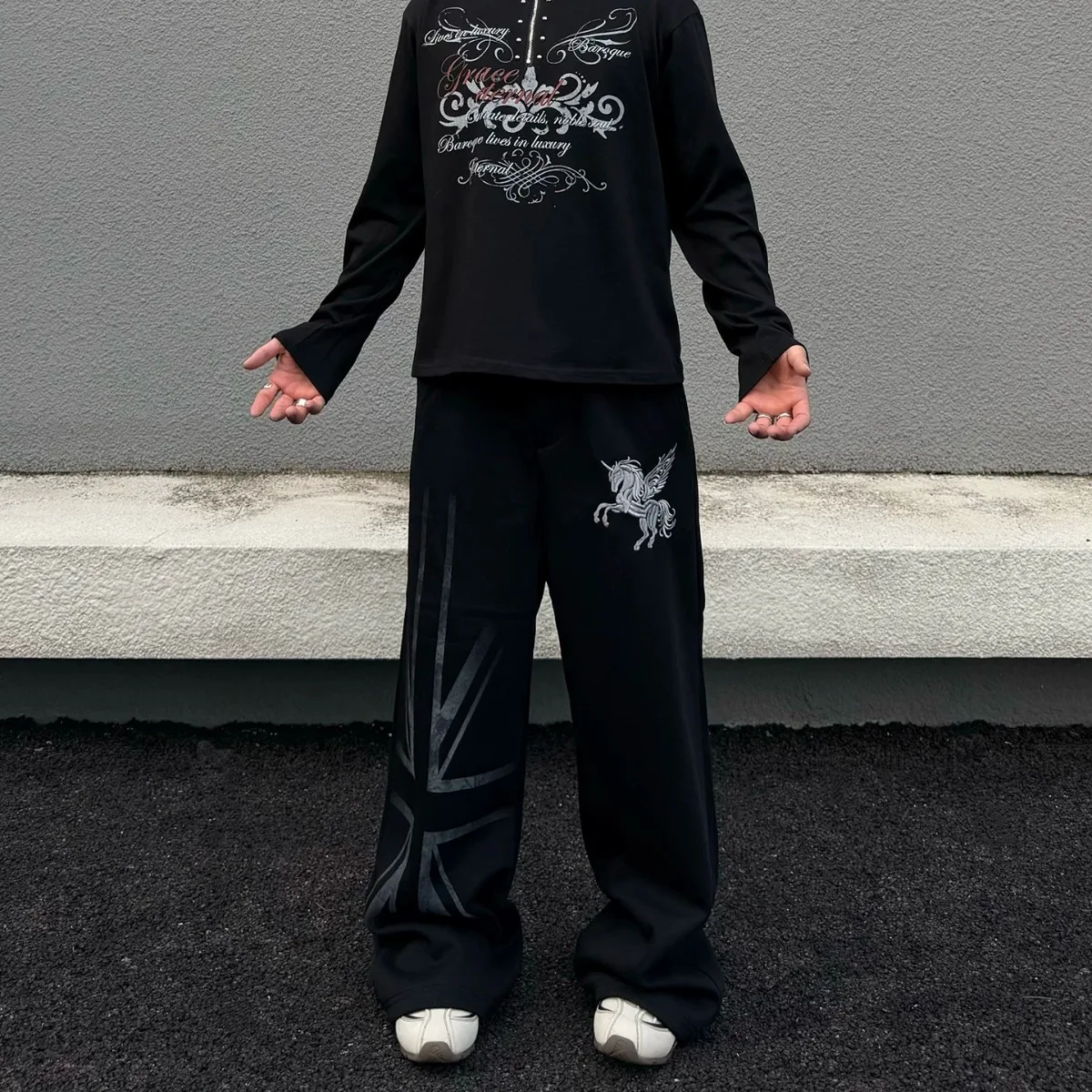 Casual Loose Straight Leg Pants Men's Dark Wide Leg Drapey Long Trousers Fly Embroidery Comfortable Leisure Trousers