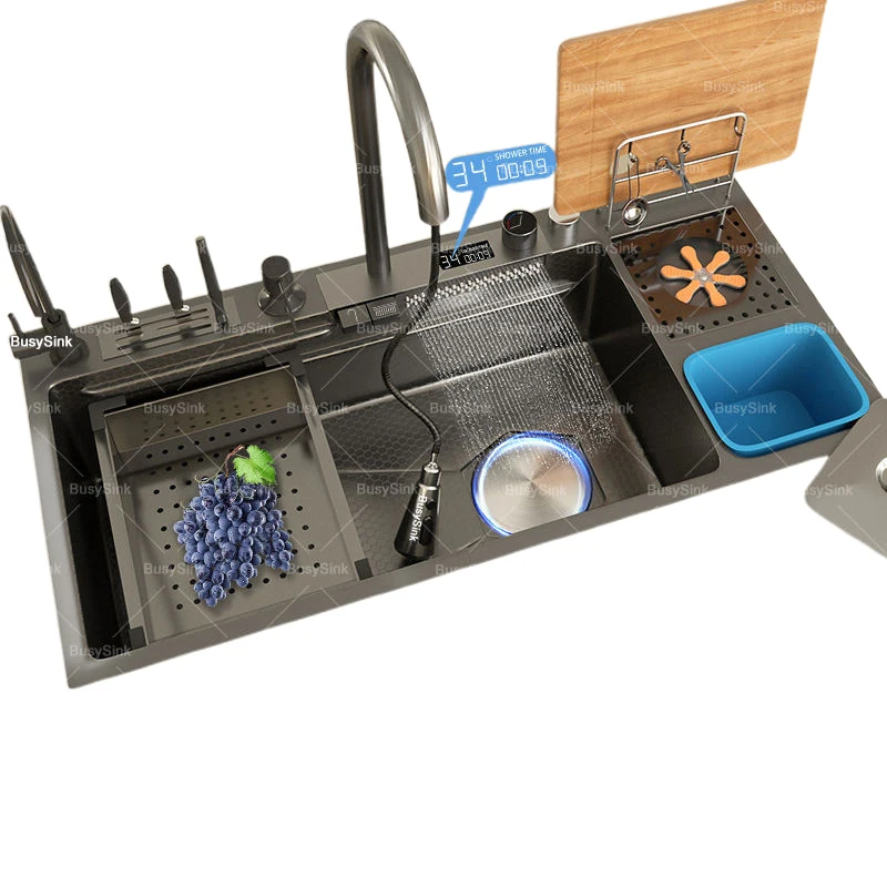 Upgraded Modern Smart Nano Stainless Steel Single Bowl Kitchen Sink Above Counter With Faucet And Waste Bin