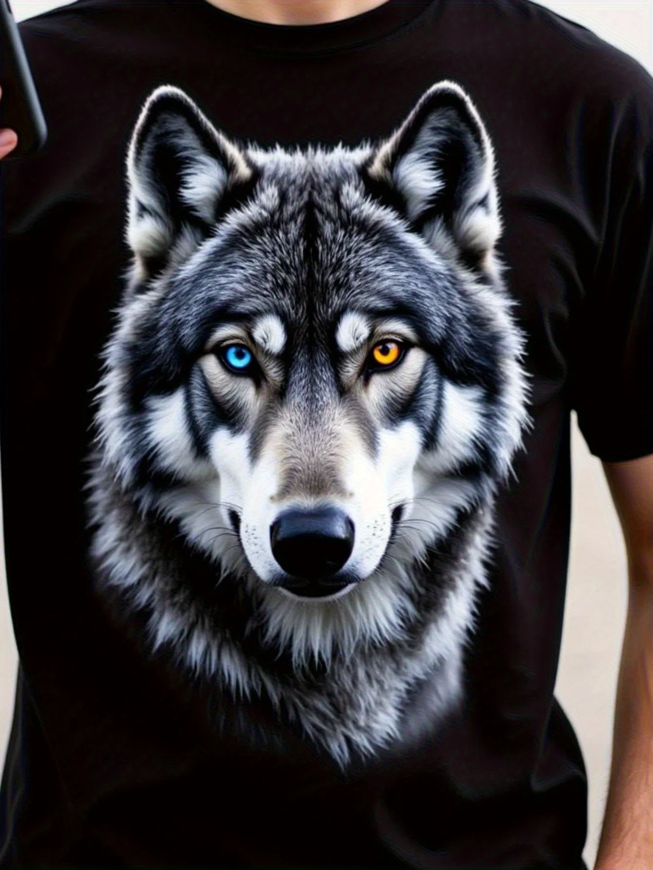 

Wolf pattern T-shirt, 220g 100% cotton, unisex, black wolf face design, casual short sleeves, fashionable animal print top,