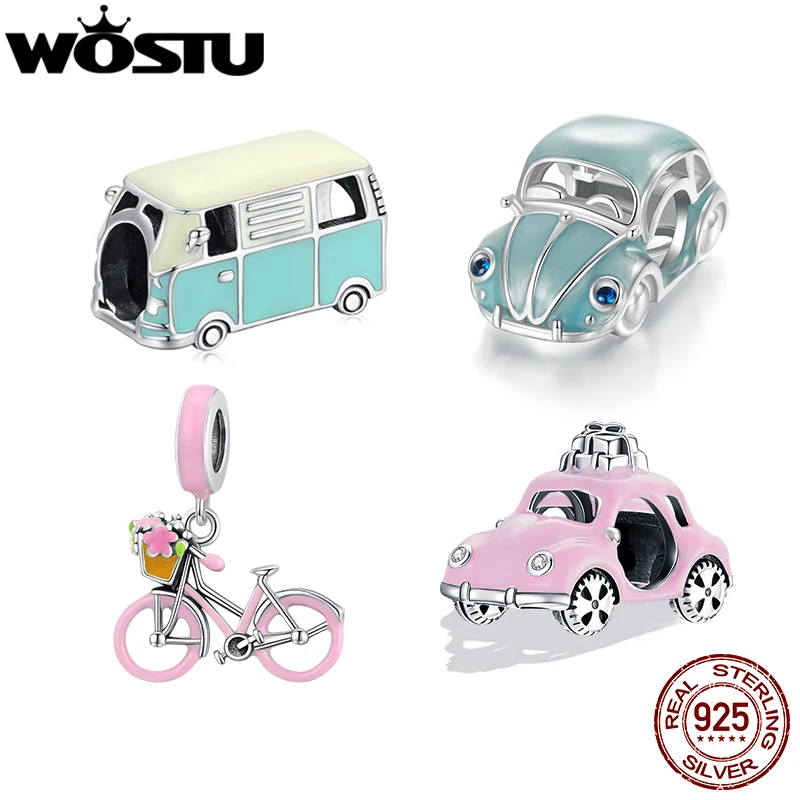 WOSTU 925 Sterling Silver Cartoon Car Charms Bead Pink Bicycle Pendant Fit Original Bracelet DIY Necklace Girl Birthday Jewelry