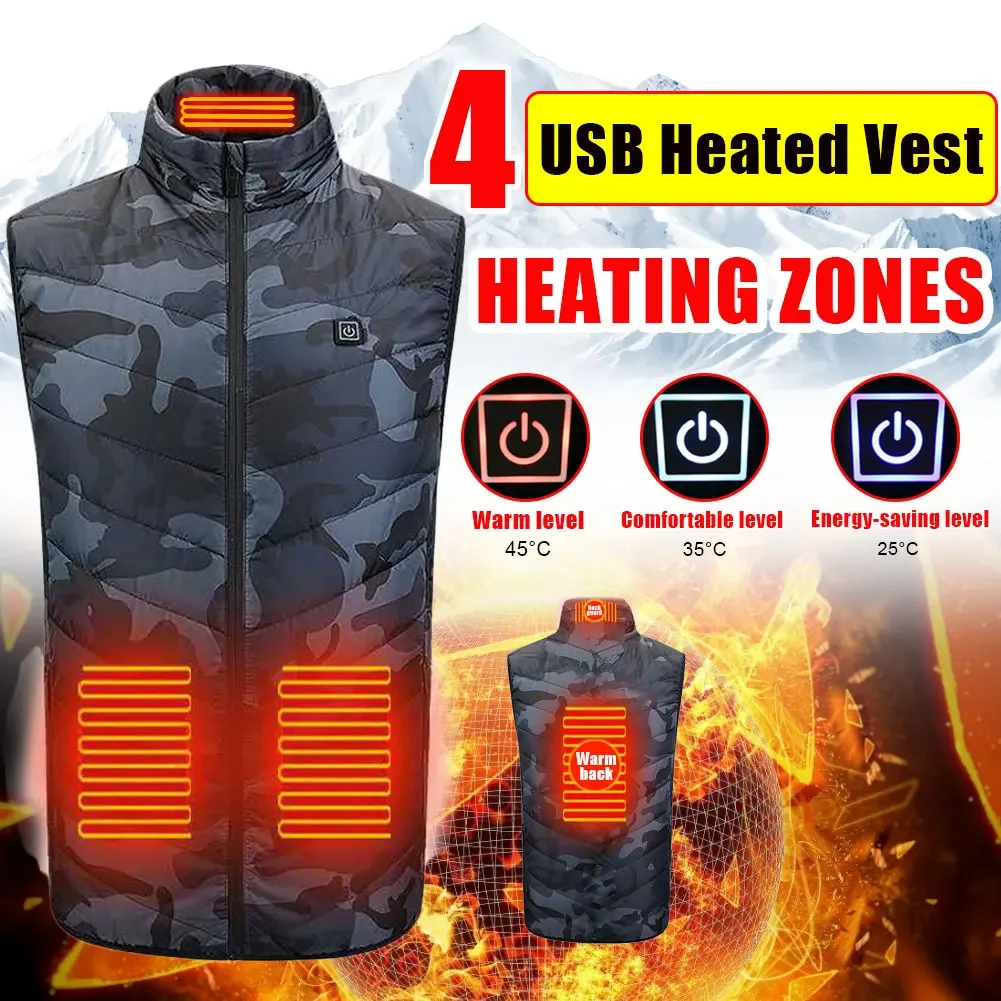 4-Zone Heating Camouflage Vest Usb Charging Thermal Insulation Heating Suit Three-Speed Thermostat Heating Vestoutdoor Men Women