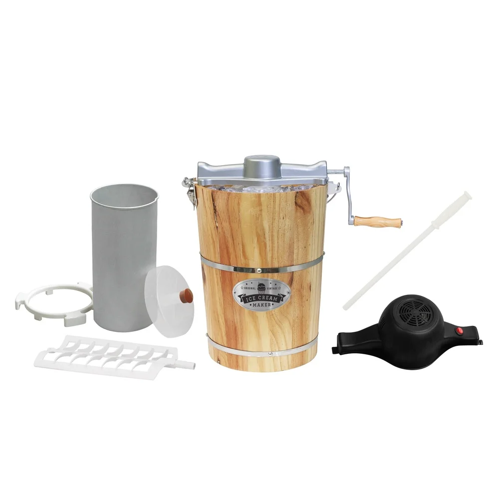Balde de pinho antigo de 6qt, fabricante de sorvete manual elétrico com temporizador, recipiente de alumínio resistente, fácil limpeza e caseiro