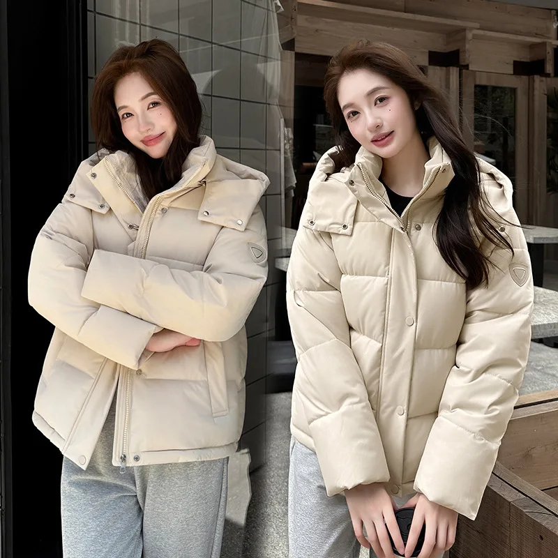 Hooded Women Solid Parkas Casual Splice Loose Short Jackets Pocket Full Sleeve Thick Coat Elegant Lady Autumn Winter 2025