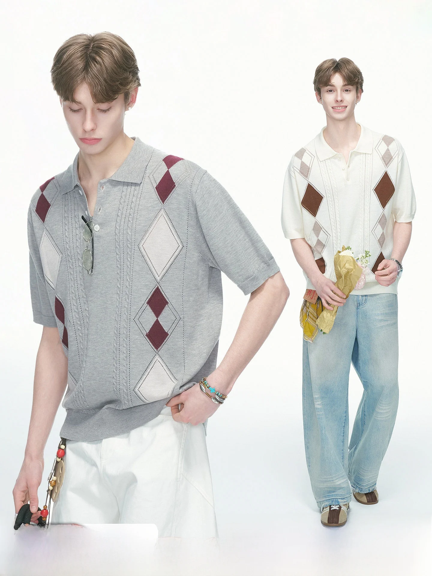 Dream Made Men's Summer Short Sleeve T-Shirt Wool Blend Knitted Hollow out Wheat Ear Pattern Loose Fit Commute Style